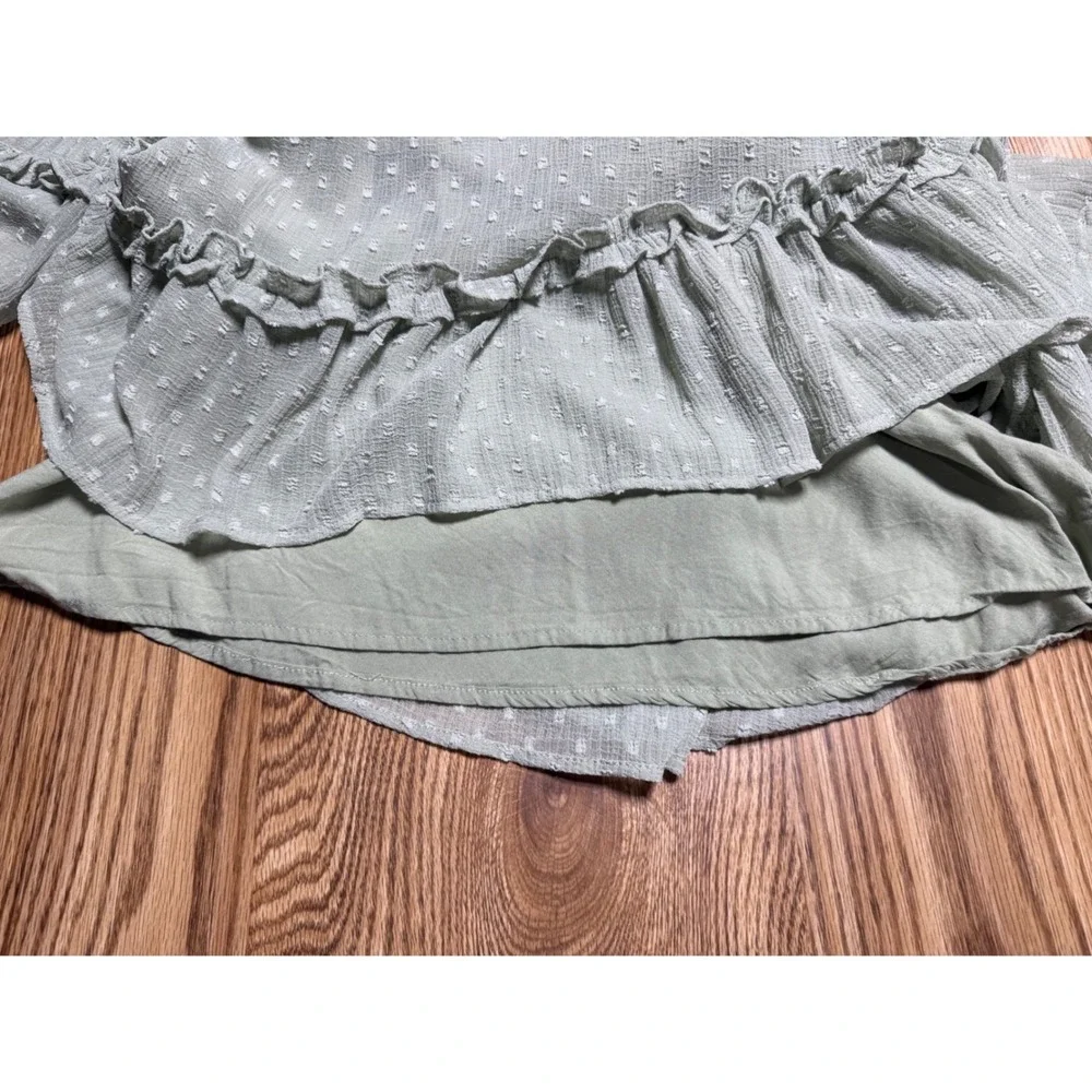 Zara Girls Size 10 Sage Green Swiss Dot Ruffle Long Sleeve Boho Shift Mini Dress